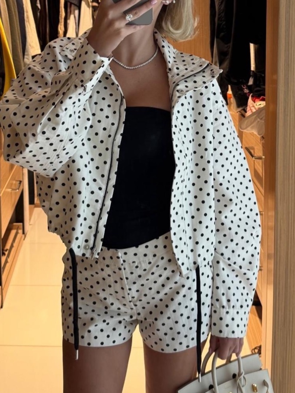 Women’s White Polka Dot Cropped Jacket and shorts set - Black Dot